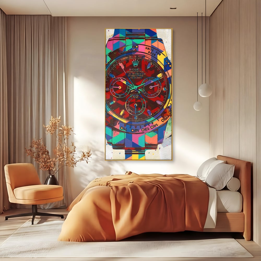 Tablou canvas cu tablou canvas cu ceas colorat tip rolex, in rama de aluminiu auriu, pe perete intr-un dormitor